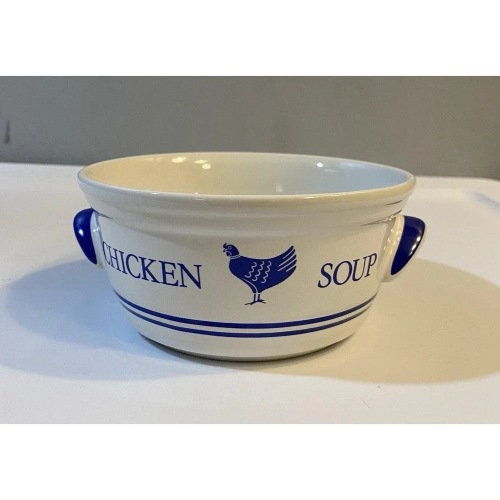 Vintage Chicken Soup Bowl‎ FTDA 1985 Korea Ceramic Blue Handled Dish FTD